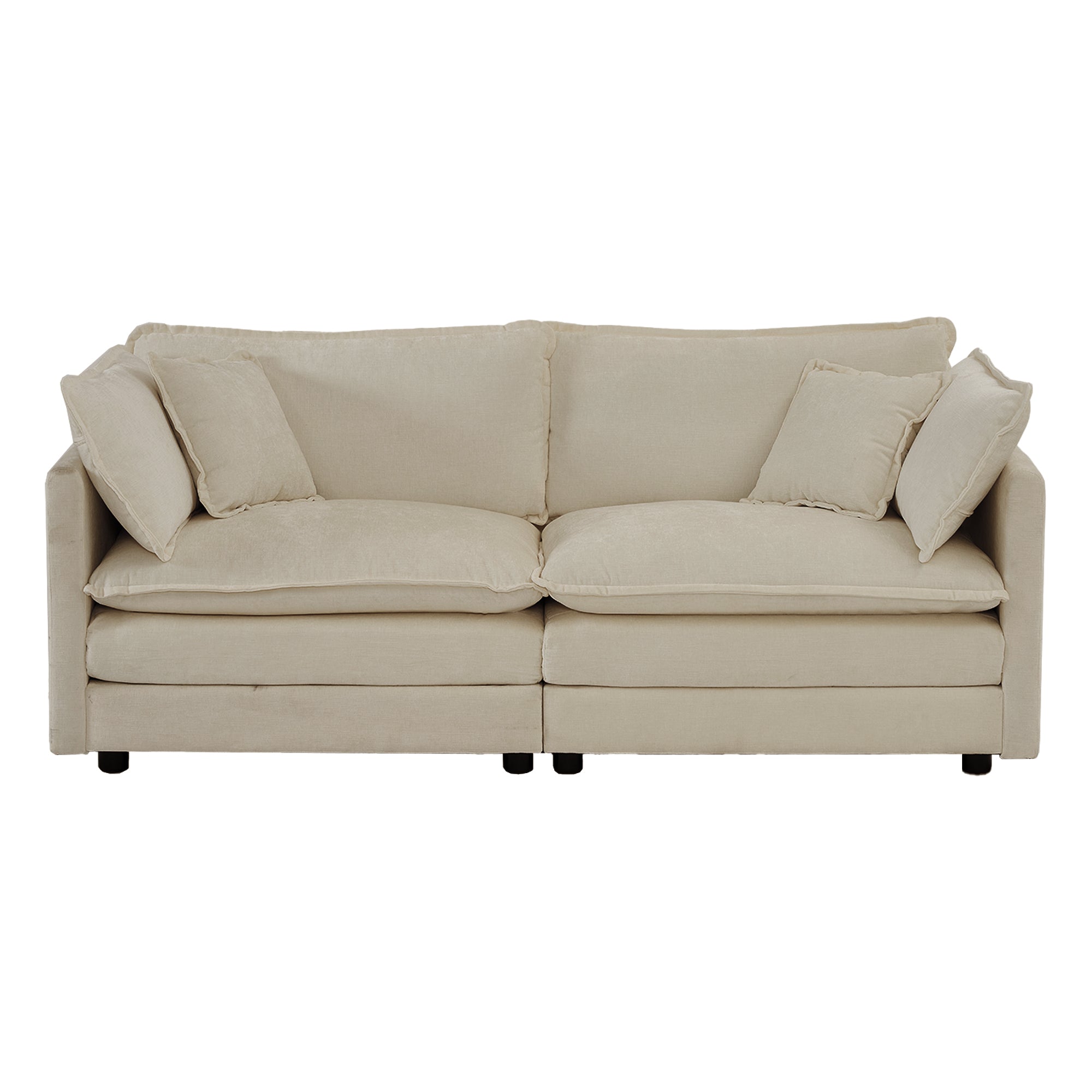 Front view of 2-seat unit from beige chenille sectional sofa. Includes four pillows and deep seating for comfort.