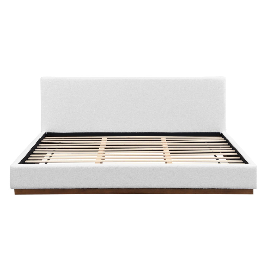White Boucle Upholstered Bed - King Size with Solid Wood Frame.