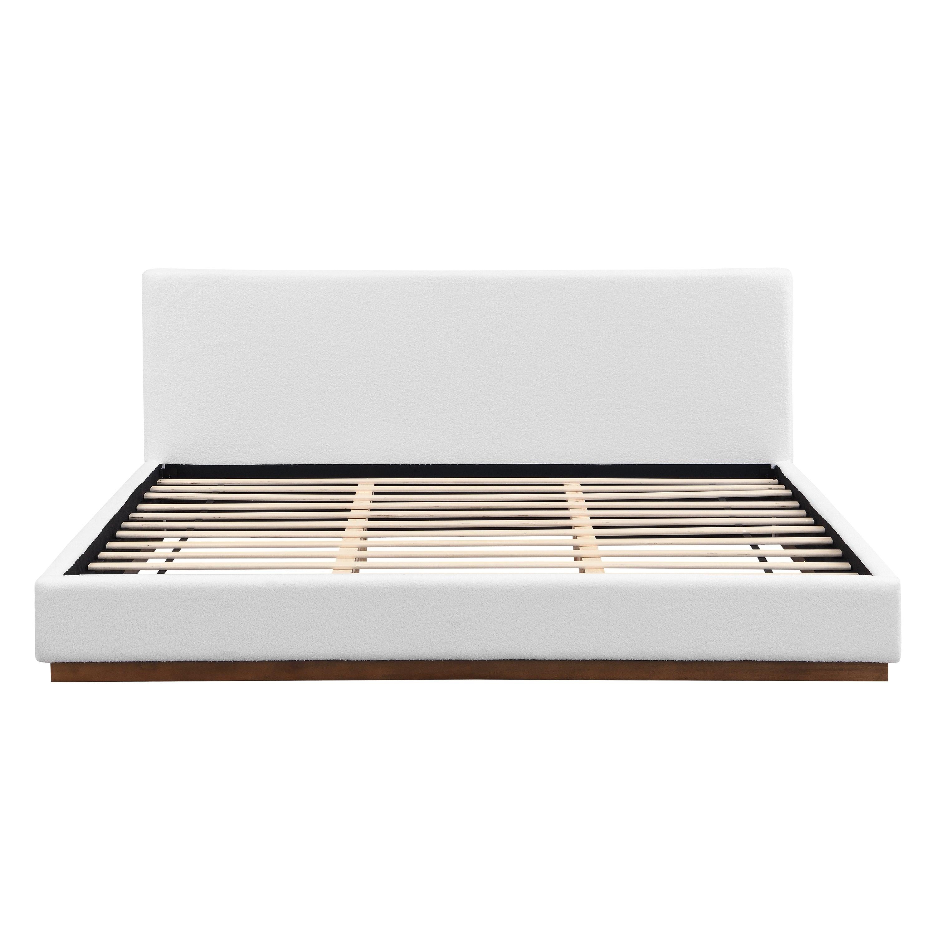 White Boucle Upholstered Bed - King Size with Solid Wood Frame.