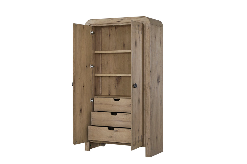 Knotty Oak Armoire - Solid Wood with adjustable shelves and three spacious drawers, shown with doors open to reveal interior storage.