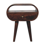 Solid Wood California Walnut Circular Bedside with 1-Drawer, Open Slot, Nordic Legs, Dark Brown.
