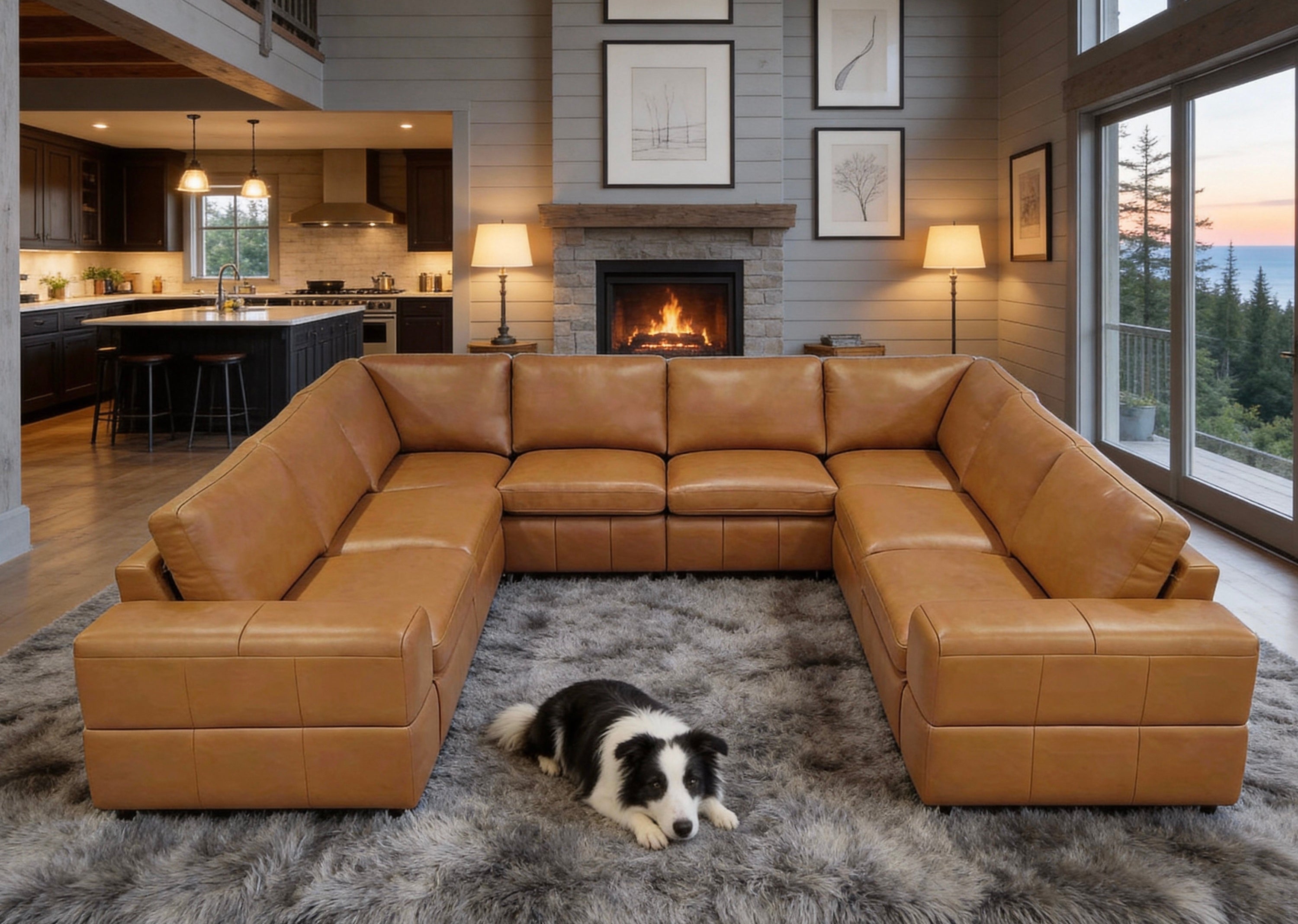 Ginger Leather Match 8-Seater Modular Sectional with Square Arms