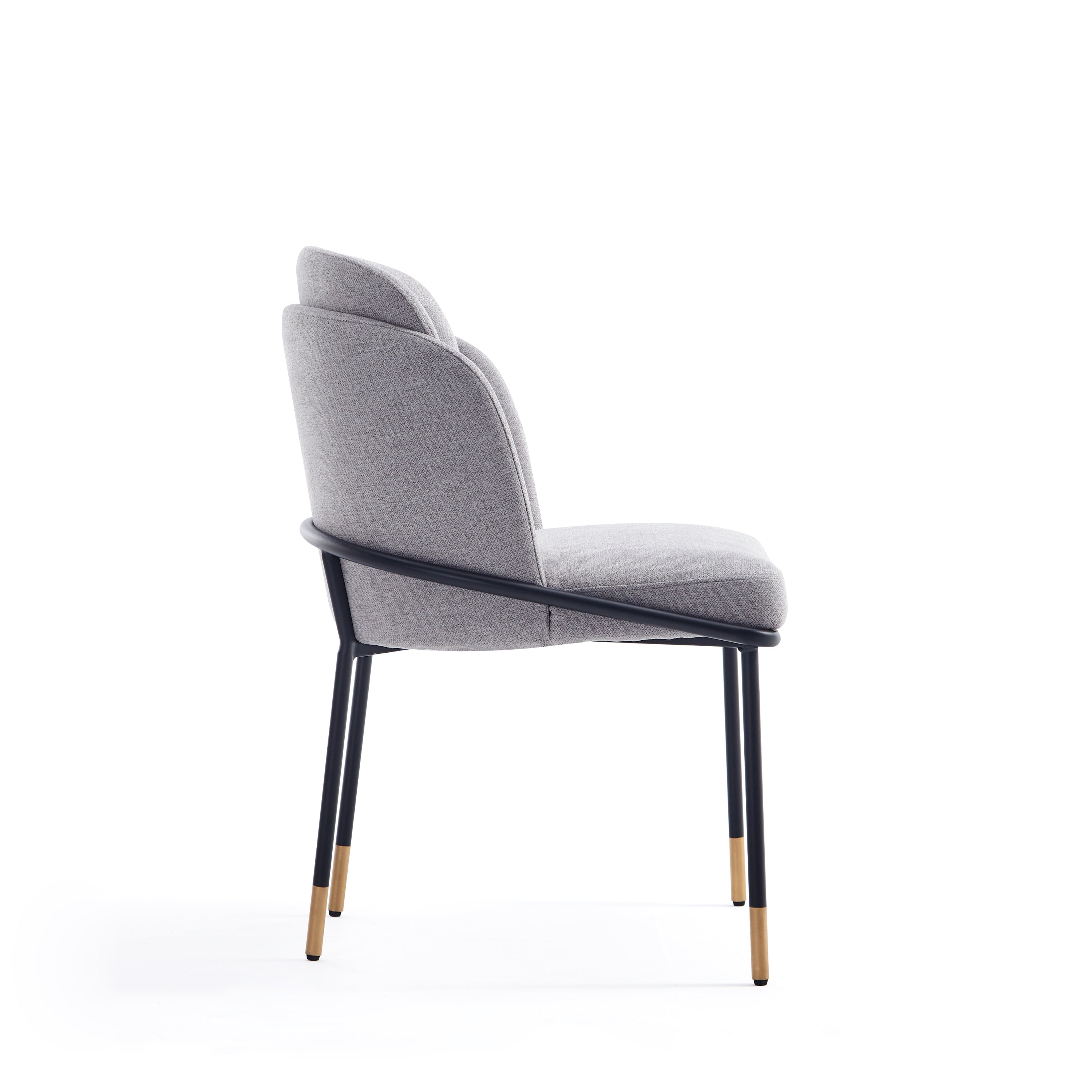 Side profile of Modern Grey Dining Chair with Metal Base showing curved backrest and sleek black legs with gold accents for a chic look.