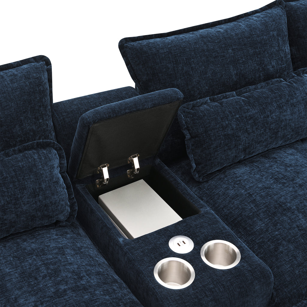 Storage console with lift-top lid and USB charger on U-shaped sectional sofa, perfect for organizing essentials in a comfy living space.