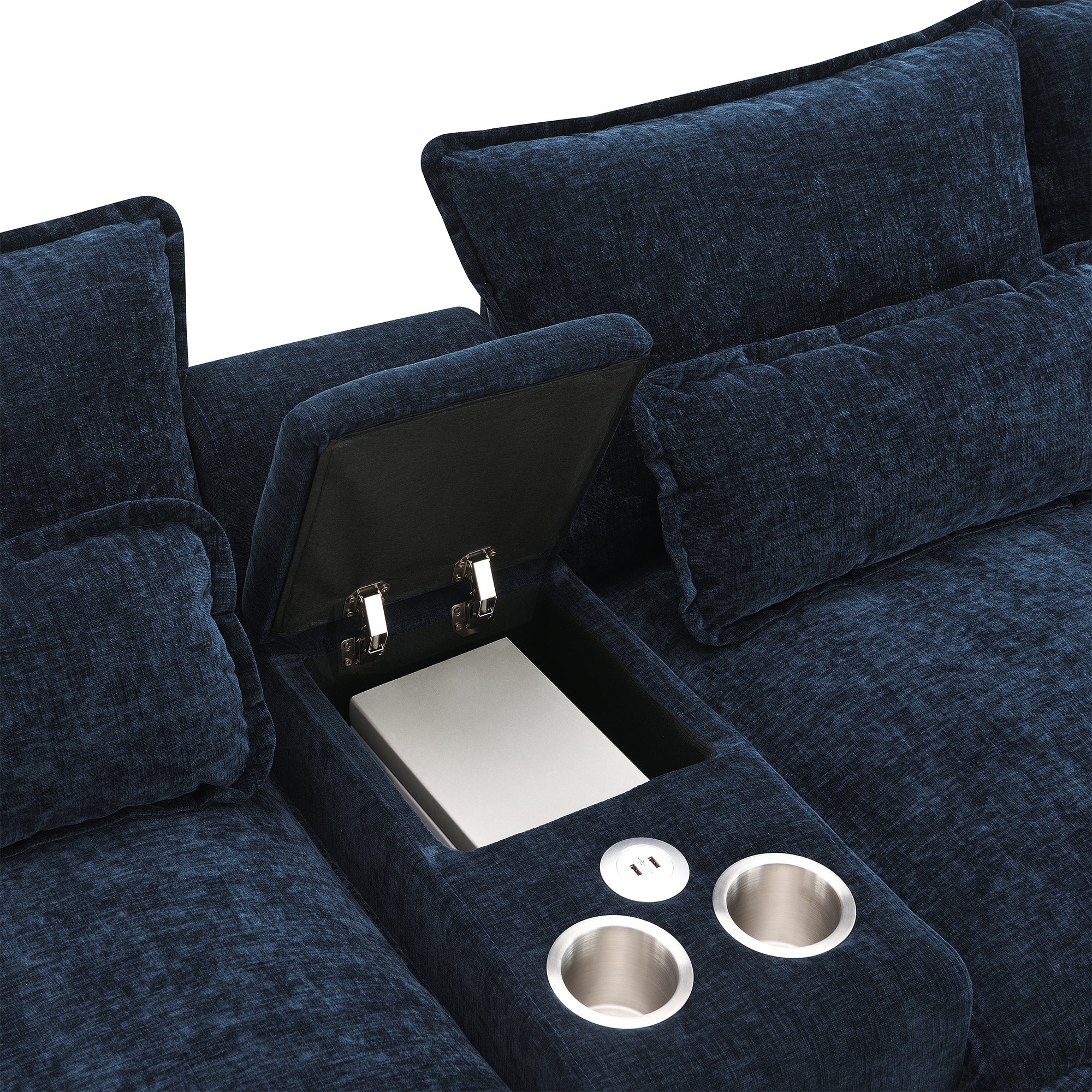 Storage console with lift-top lid and USB charger on U-shaped sectional sofa, perfect for organizing essentials in a comfy living space.