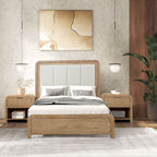 Natural Wood Queen Bed with 2 Nightstands and Padded Headboard