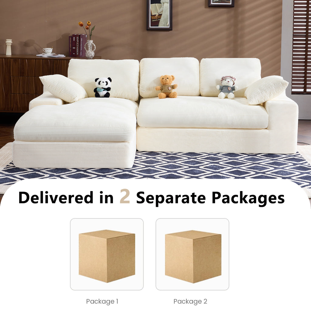 White Corduroy Sofa delivered in 2 separate packages, shown with 3 back cushions and 2 pillows in a cozy living room.