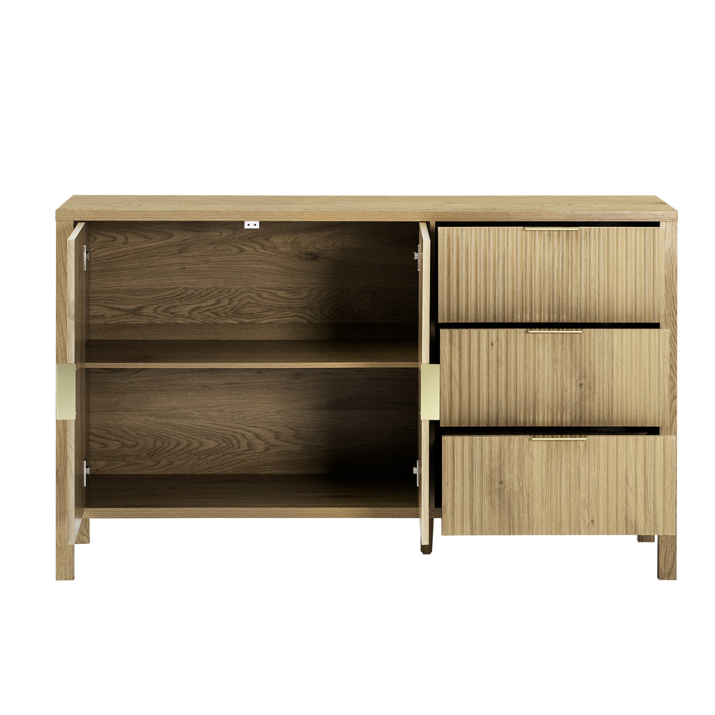 Interior view of sideboard cabinet with open doors and drawers, showing ample shelf space for organized storage.