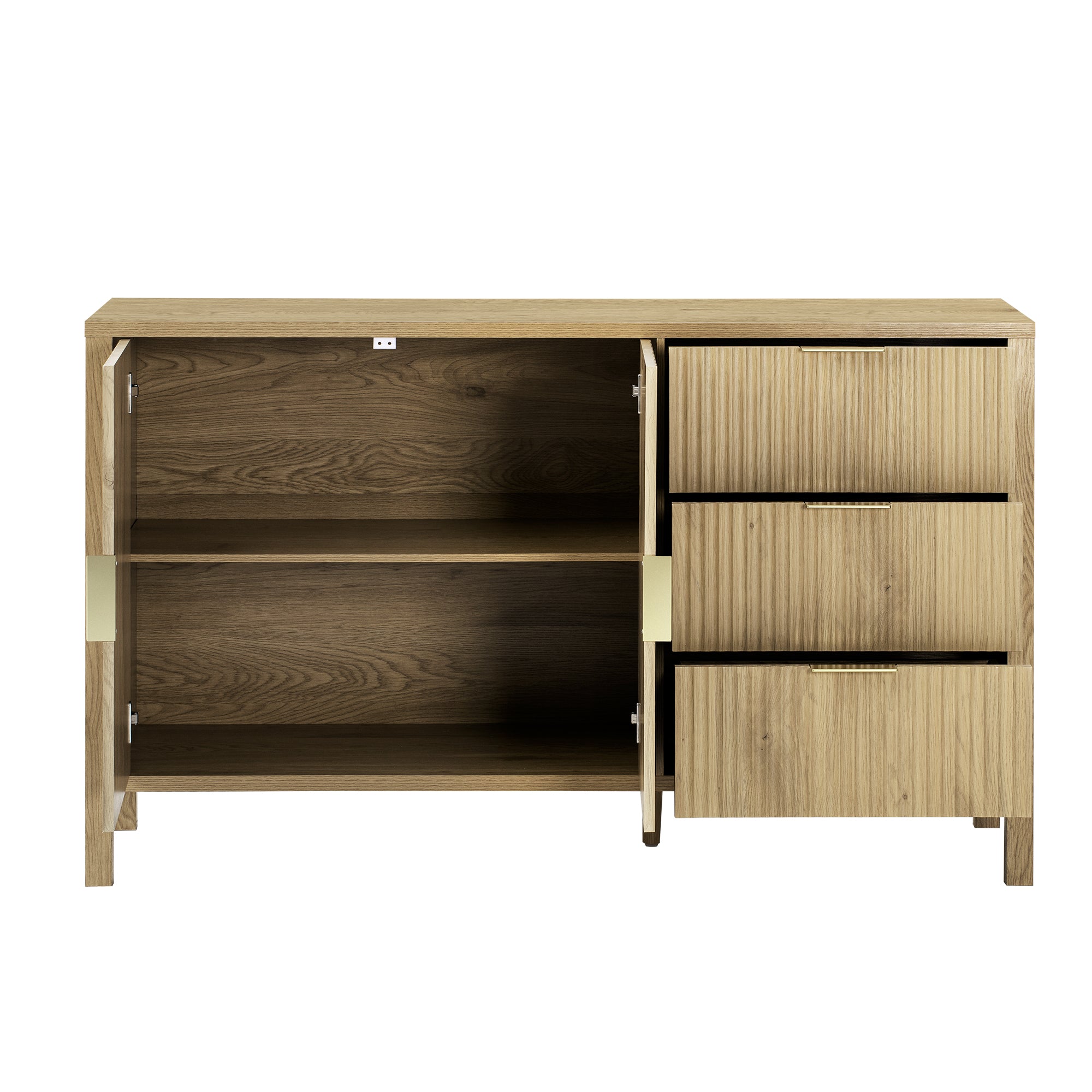 Interior view of sideboard cabinet with open doors and drawers, showing ample shelf space for organized storage.