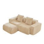 Angled view of Velvet L Shape Modular Sofa - Unmatched Comfort | No Assembly, with Ottoman and throw pillows in soft beige velvet.