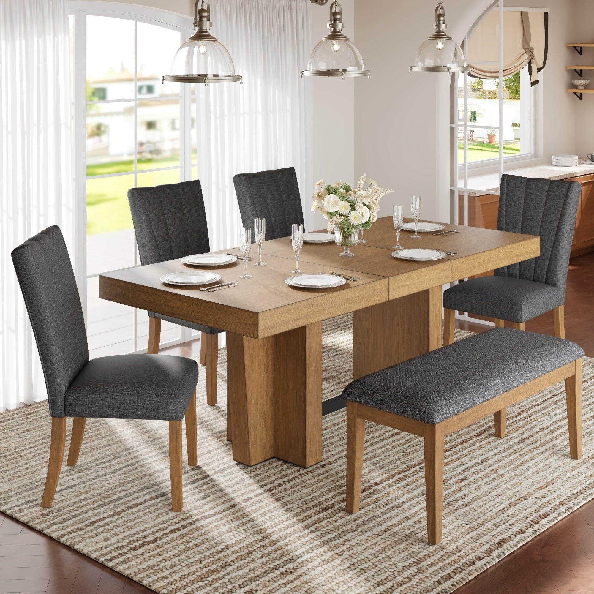 Extendable Wood Dining Table Set for 6 with Bench & Chairs.