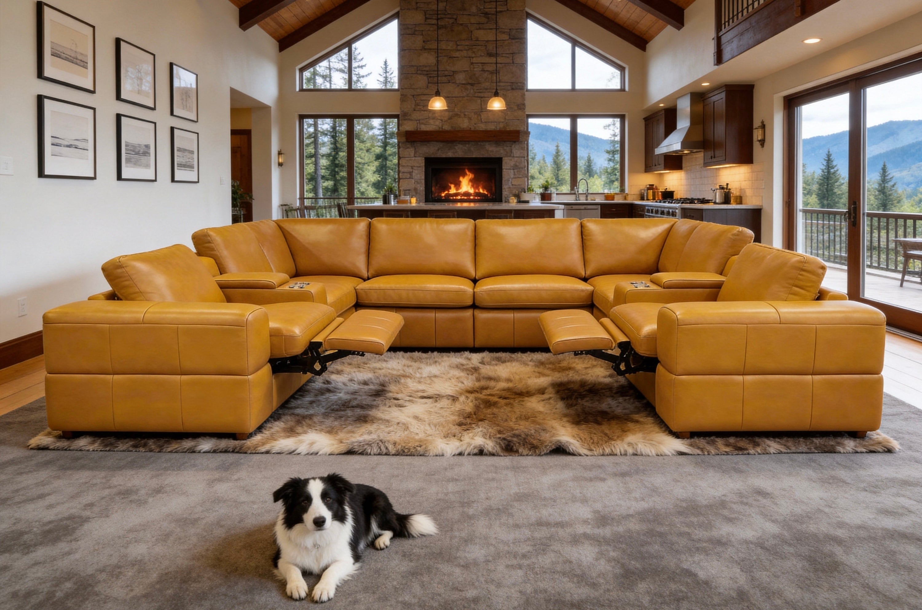 Ginger Leather Match 8-Seater Sectional with Dual Power Recliners