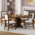 Rustic Farmhouse Dining Set featuring an extendable wood table and four padded chairs, ideal for stylish and comfortable dining spaces.