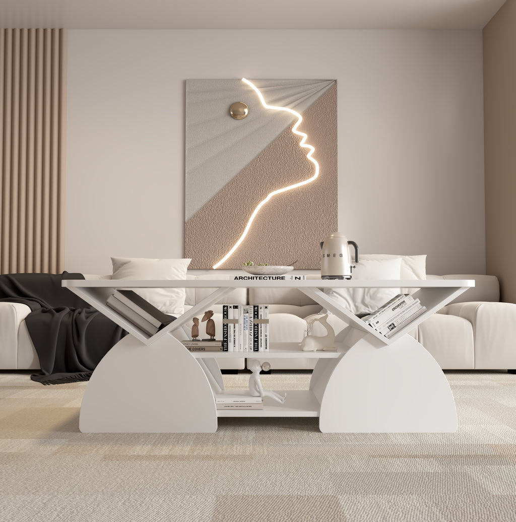 Modern engineered wood coffee table with sturdy frame and open storage. Ideal for living rooms with contemporary decor.