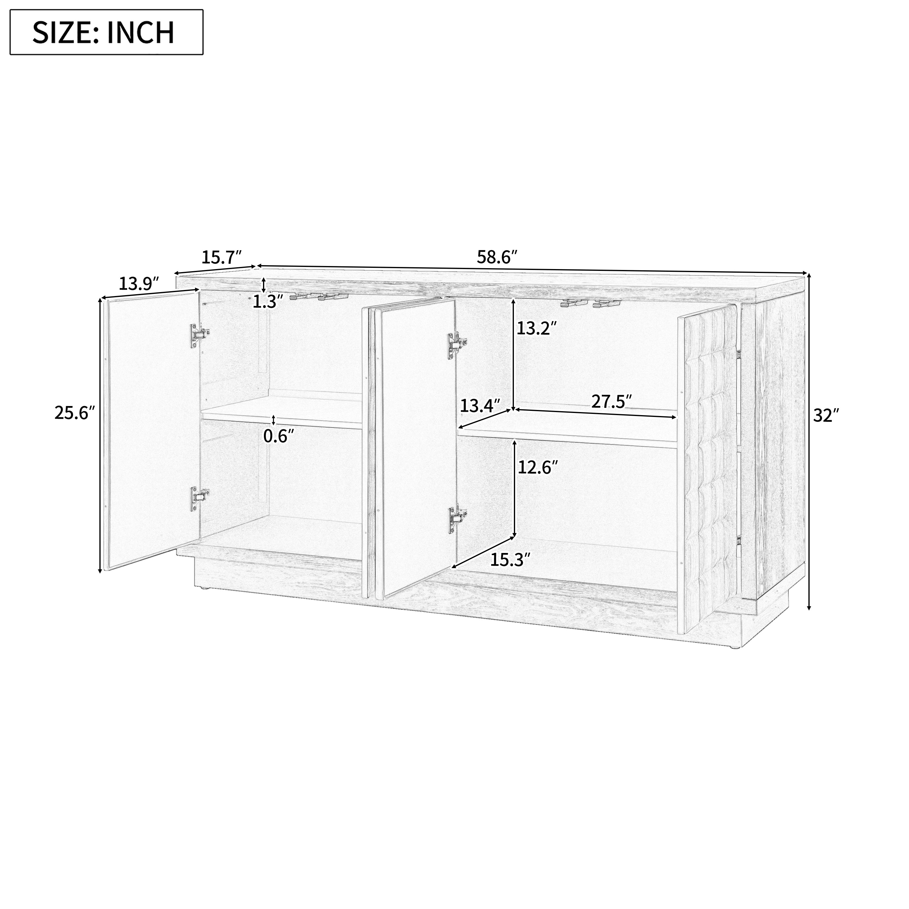 Dimension diagram of 4-Door Storage Cabinet - Geometric Doors & Metal Trim with labeled measurements and adjustable shelf layout.