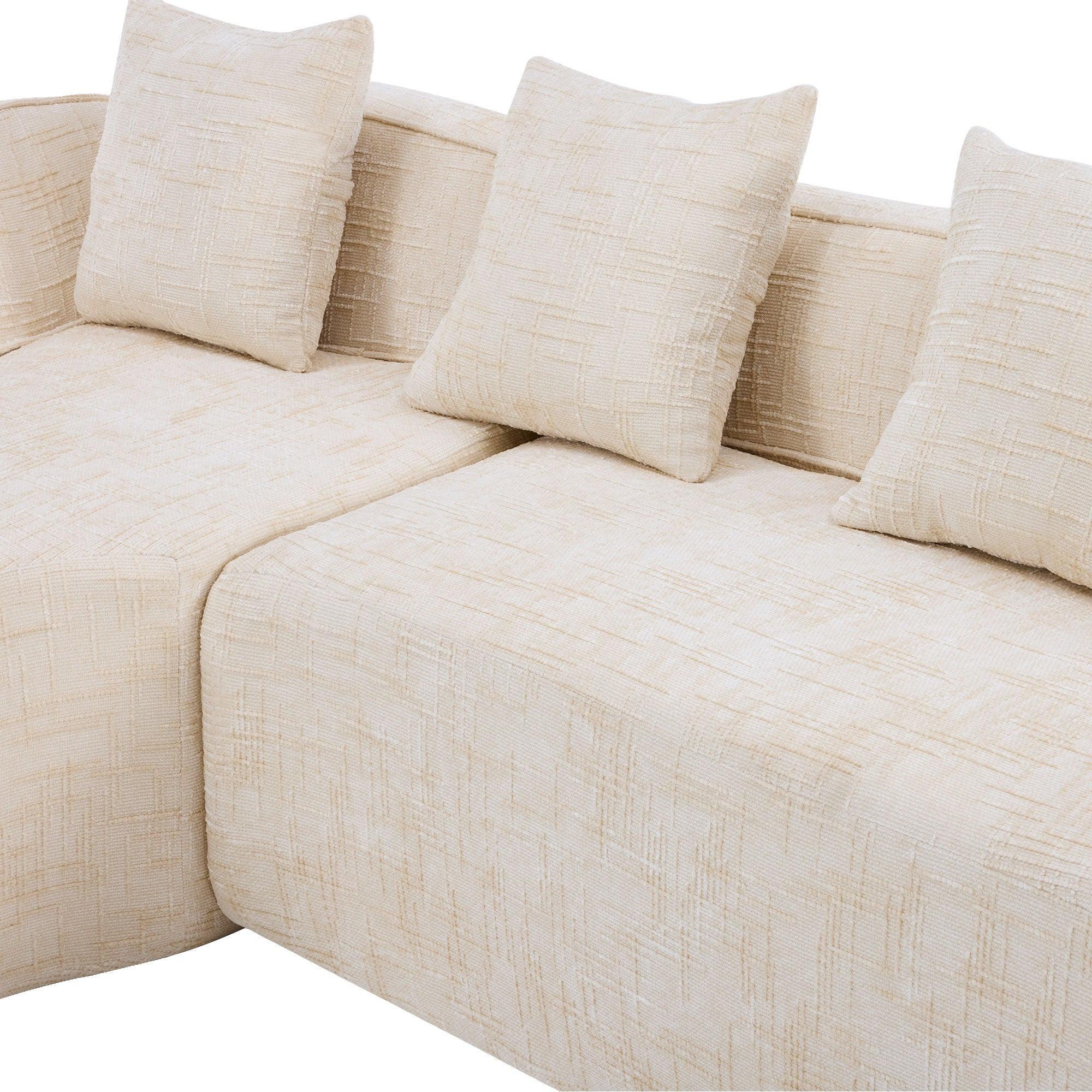 Comfortable Beige Chenille L-Shaped Sofa with Pillows.
