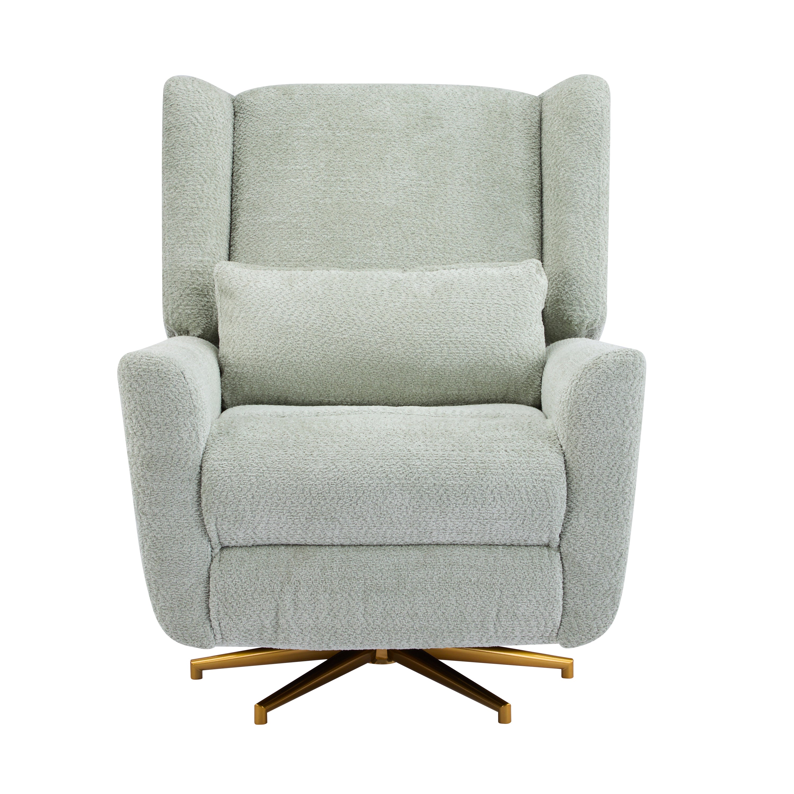 360 swivel recliner chair in boucle fabric with gold base, featuring plush cushioning and ergonomic design for modern living rooms.