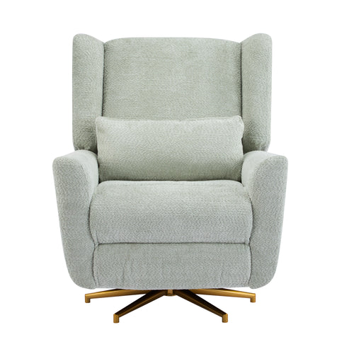 360 swivel recliner chair in boucle fabric with gold base, featuring plush cushioning and ergonomic design for modern living rooms.