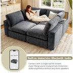 Woman relaxing on modular sofa with Bluetooth speaker, USB ports, and wireless charging, showcasing immersive audio features.