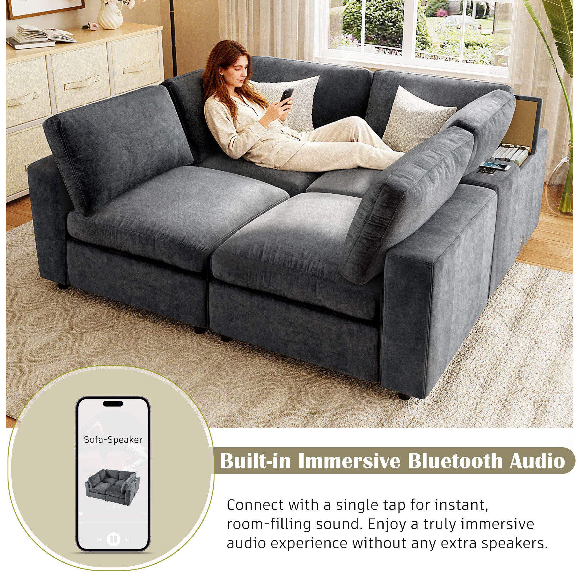 Woman relaxing on modular sofa with Bluetooth speaker, USB ports, and wireless charging, showcasing immersive audio features.