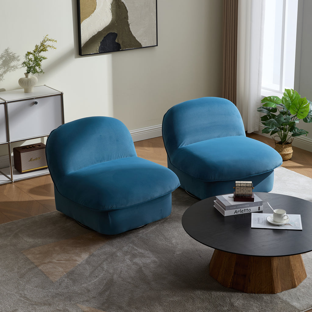 Pair of teal velvet swivel accent chairs in a modern living room setup, offering stylish and cozy seating with 360-degree rotation.