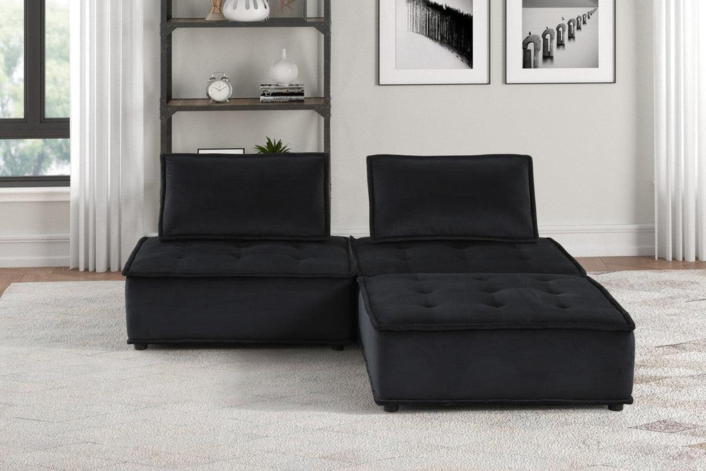 Aveline Black Velvet Sectional Sofa & Ottoman.