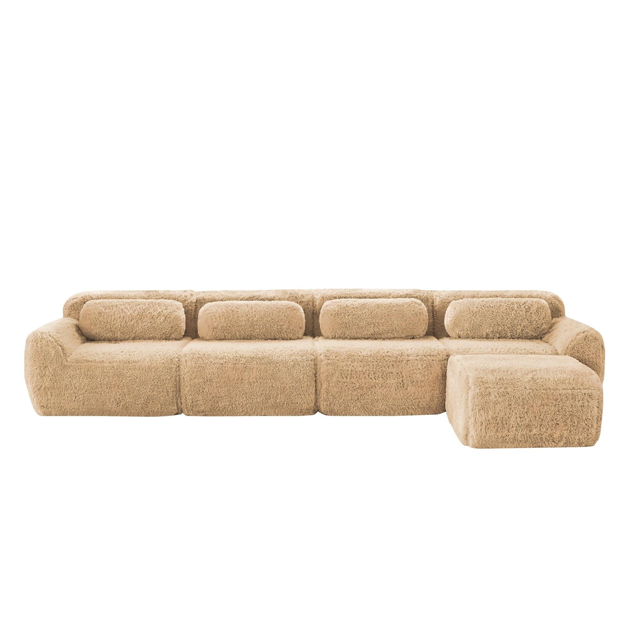 L-shaped Modular Sectional Sofa Couches, Plush Fabric, No Assembly, Light Khaki.