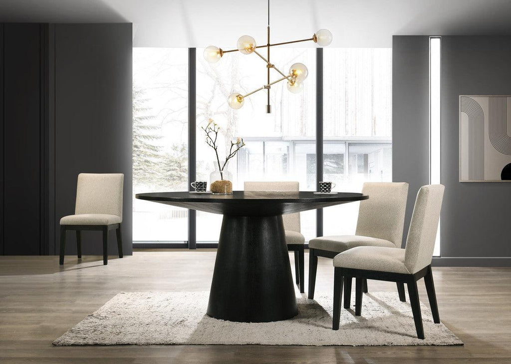 Jacopo Ebony Black Round Dining Table Set with Beige Chairs.