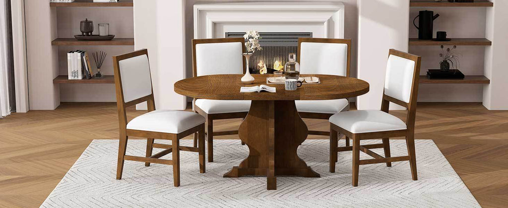 Extended farmhouse dining table with four upholstered chairs in a cozy room. Ideal for hosting guests in a rustic setting.