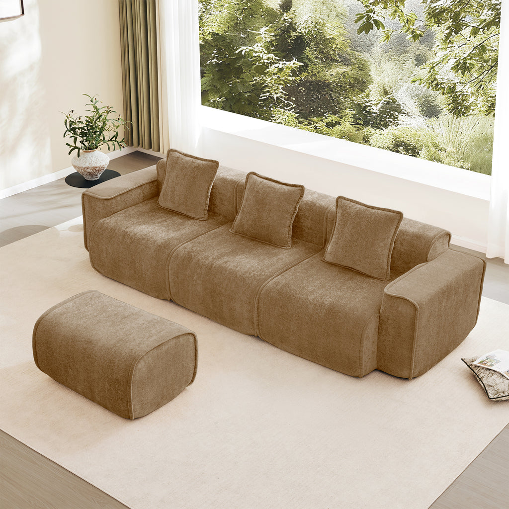 Velvet Modular Sectional Sofa with ottoman in a cozy living room. Features plush cushions and no-assembly convenience.