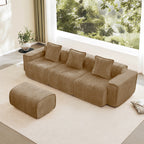 Velvet Modular Sectional Sofa with ottoman in a cozy living room. Features plush cushions and no-assembly convenience.