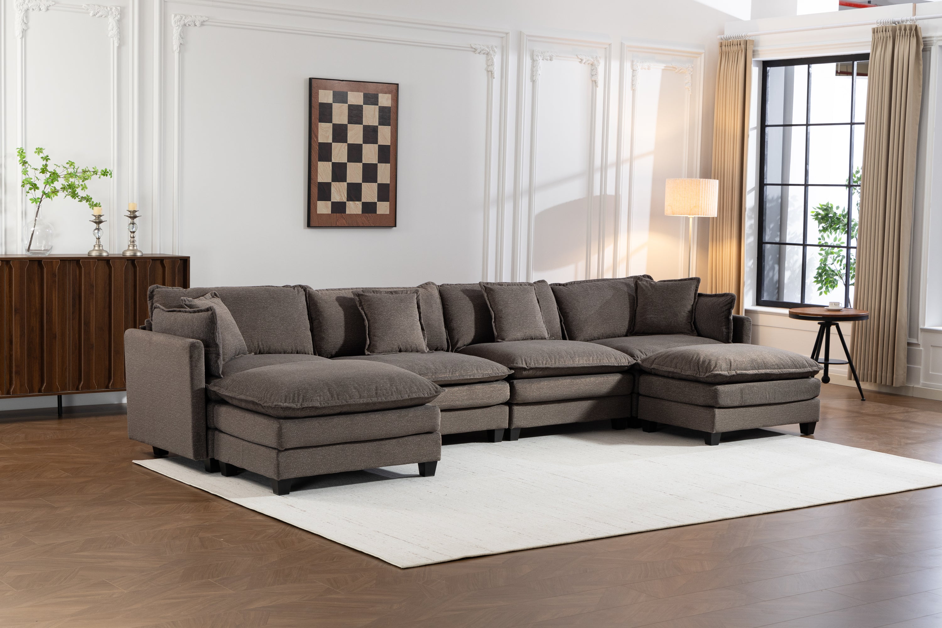 149-Inch Chenille 4-Seater Sectional Sofa with Ottomans - Antique Grey