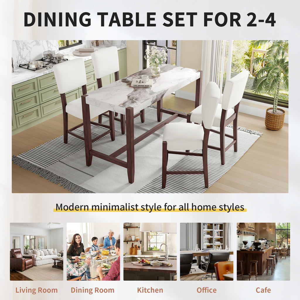3-Piece Counter Height Dining Table Set for 2, Faux Marble Bar Table and 2 Upholstered-Seat Chairs, Mid-century Modern Dining Set for Dining Room, Pub Kitchen, Small Place