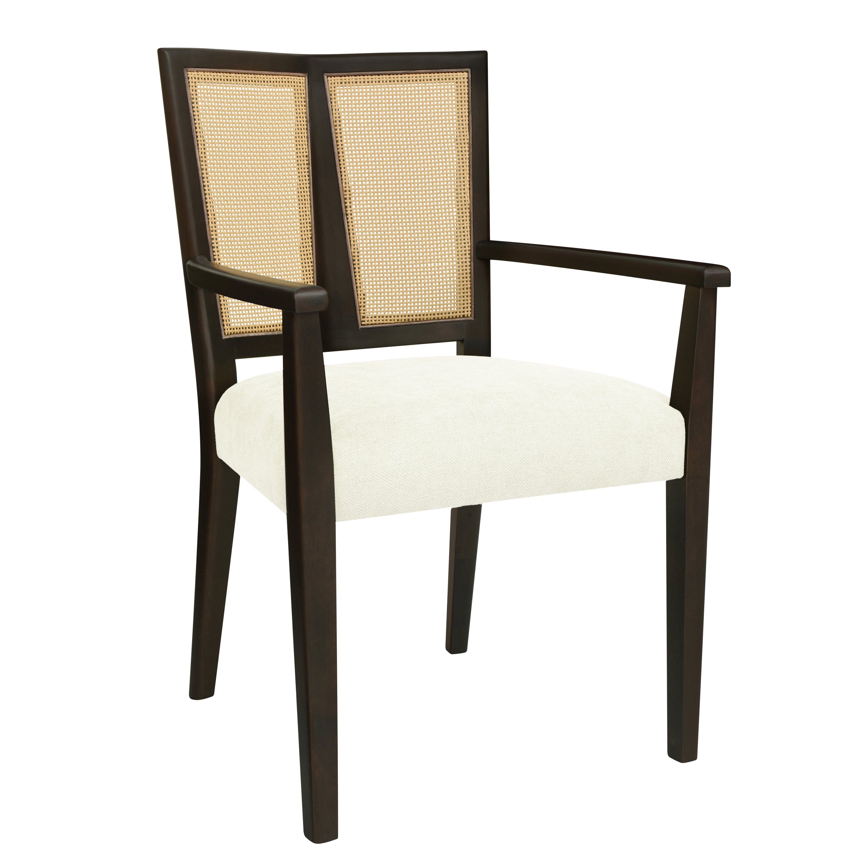 Angled view of Mid Century Dining Chair with Rattan Back, emphasizing its sleek dark wood frame and modern silhouette.