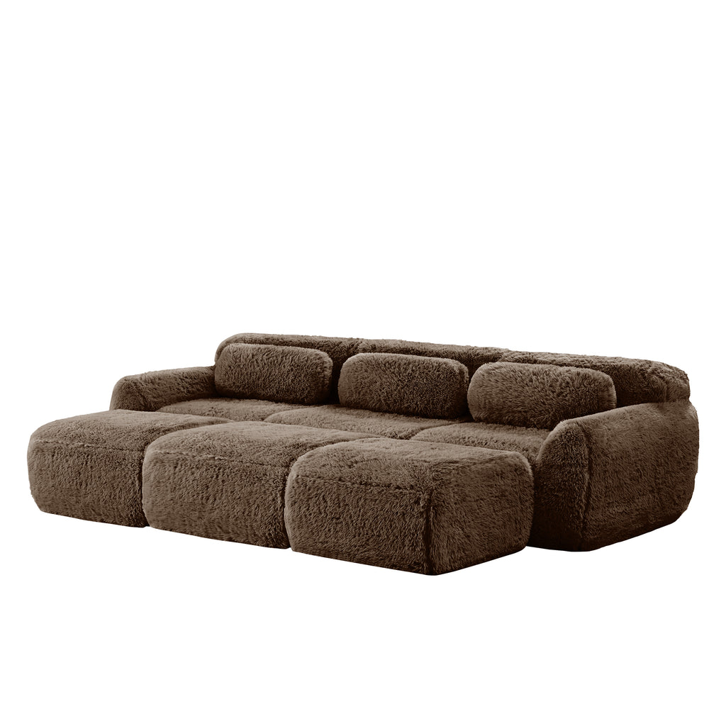 Angled view of chocolate modular sofa 3-seater plush fabric with movable ottoman, highlighting its fluffy and inviting look.