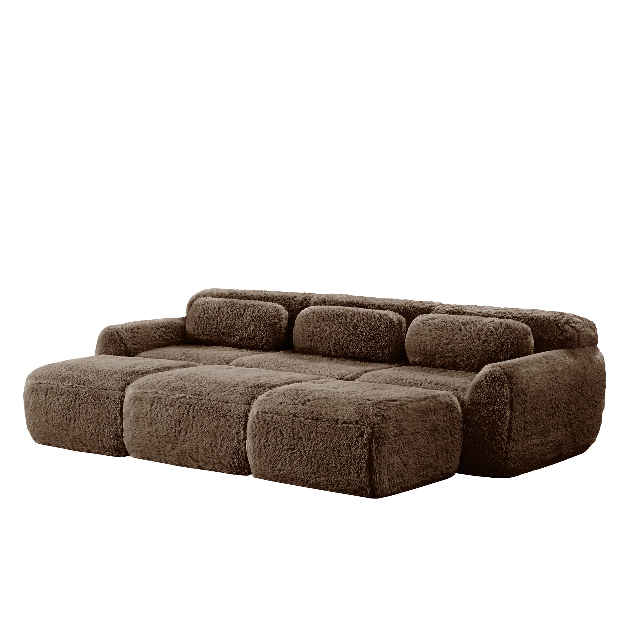 Angled view of chocolate modular sofa 3-seater plush fabric with movable ottoman, highlighting its fluffy and inviting look.