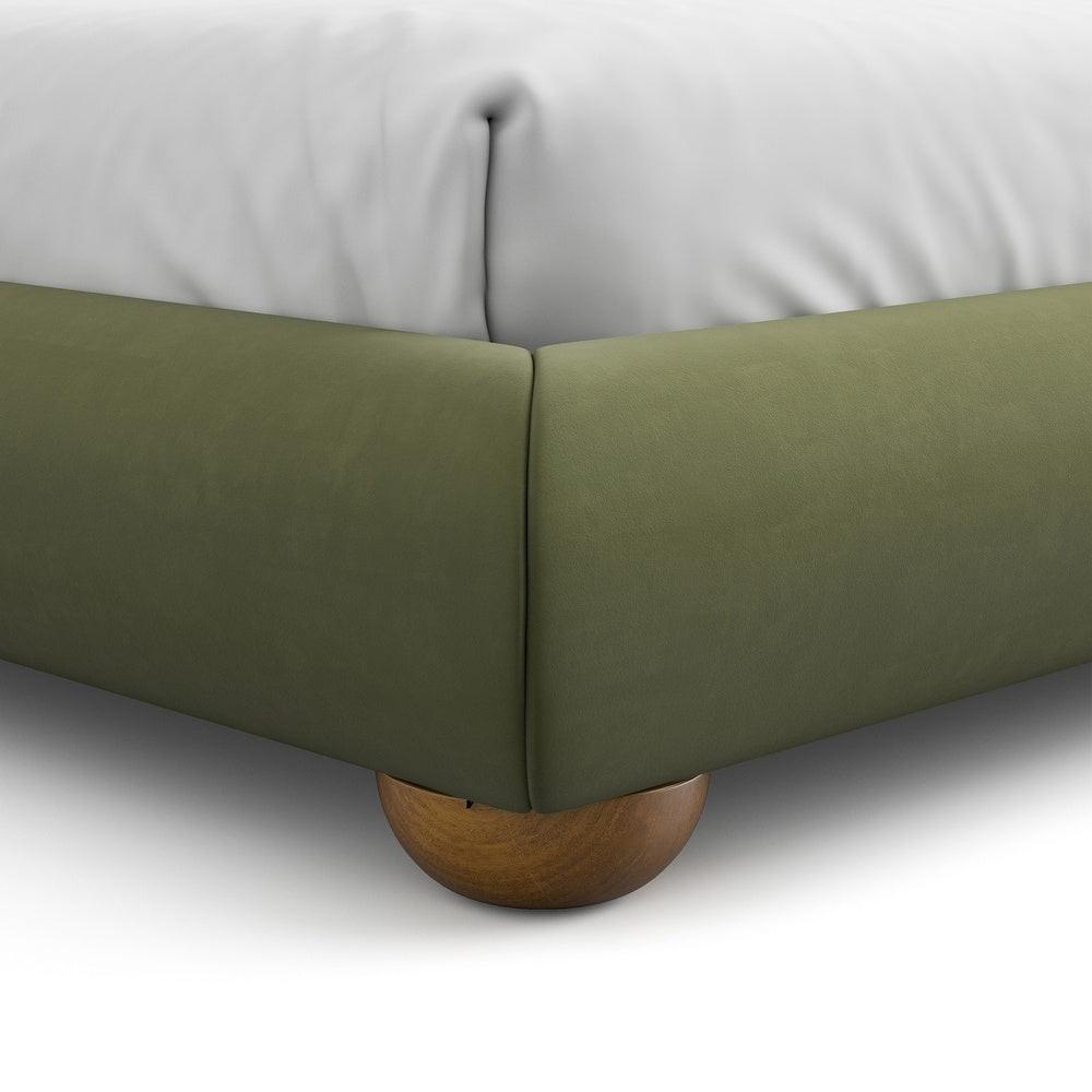 Olive Green Queen Size Bed with Boucle Upholstery.