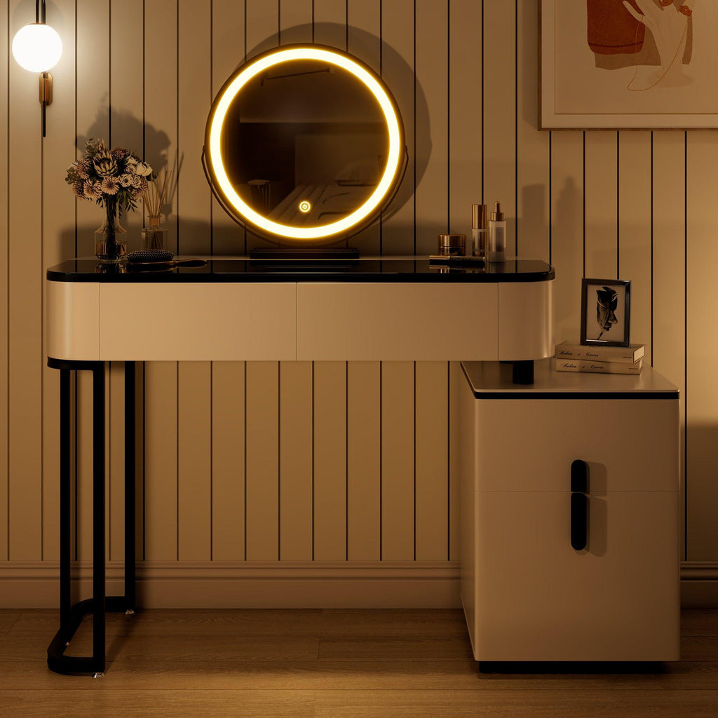 Modern Vanity Table with Glass Top and Storage Cabinet.