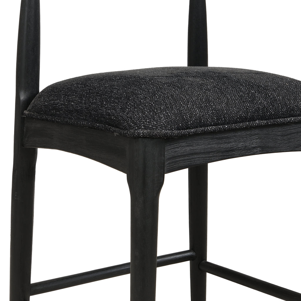 Detailed view of Black Fabric Counter Stool seat cushion and frame, showcasing quality craftsmanship and comfort.