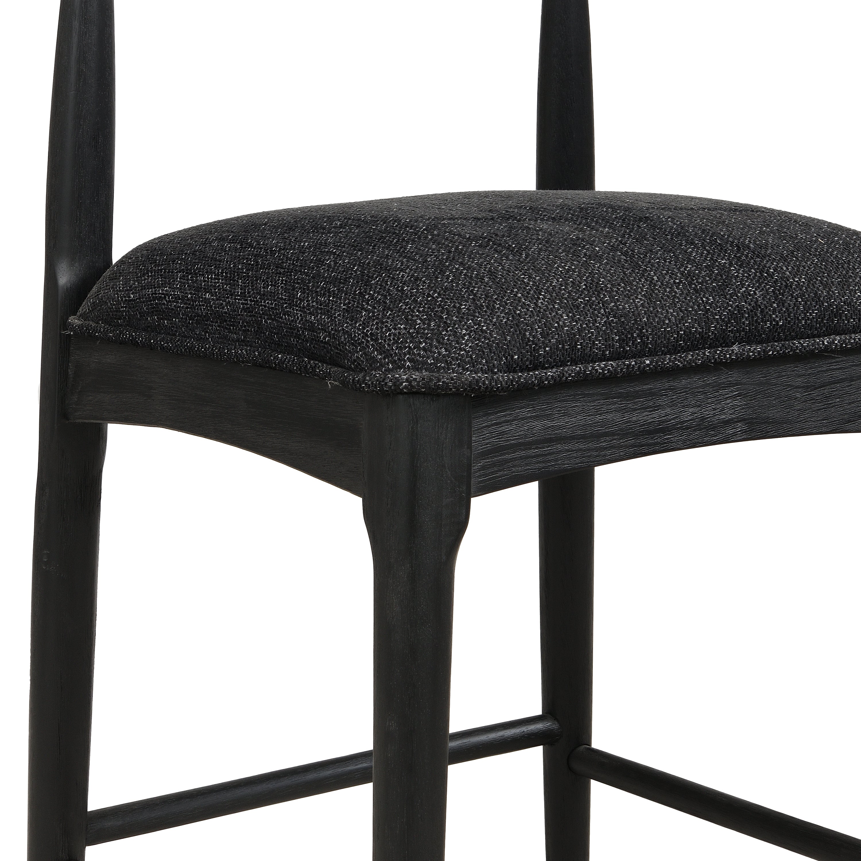 Detailed view of Black Fabric Counter Stool seat cushion and frame, showcasing quality craftsmanship and comfort.