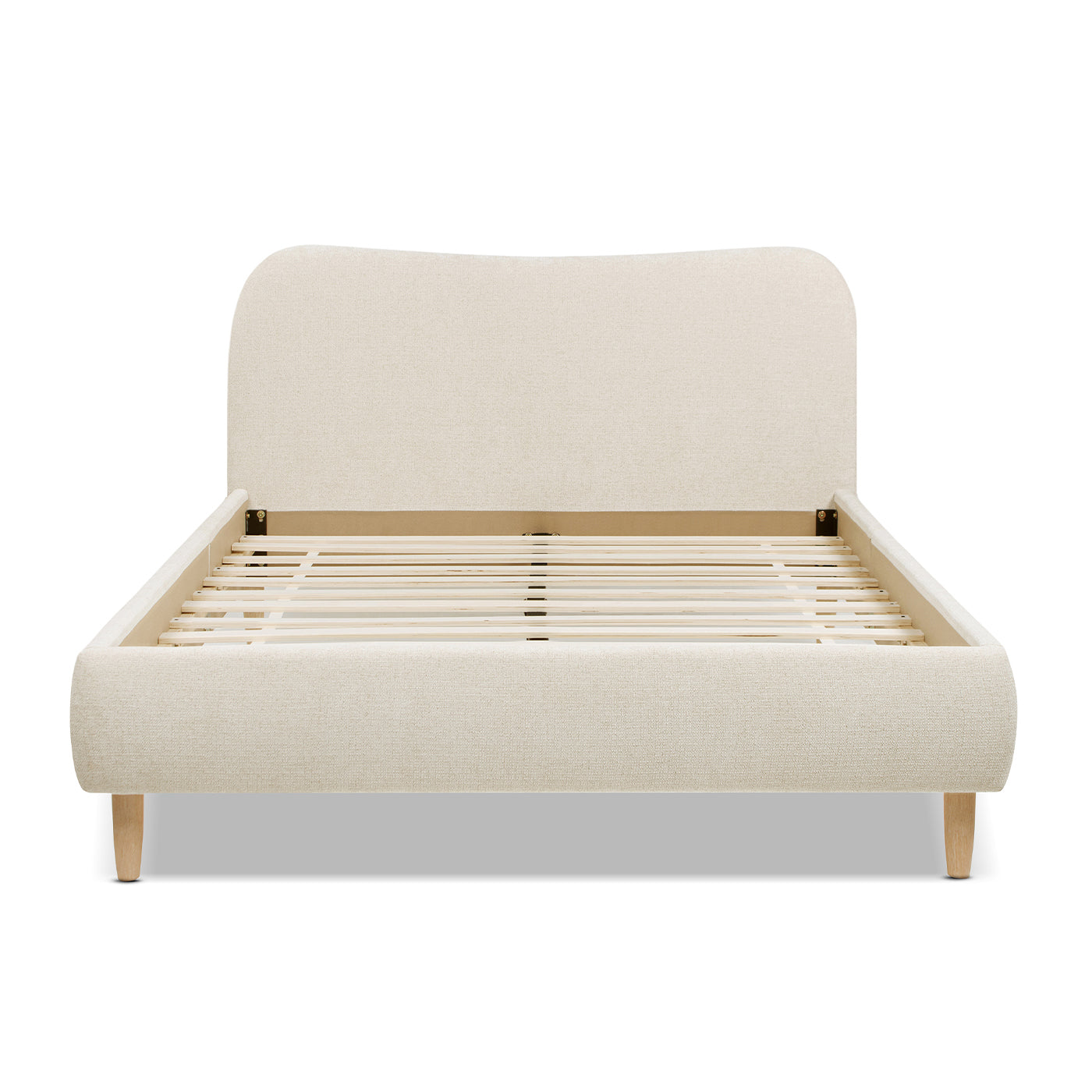Front view of Beige Upholstered Platform Bed with Curved Headboard highlighting its smooth contours and supportive slat system for mattress stability.