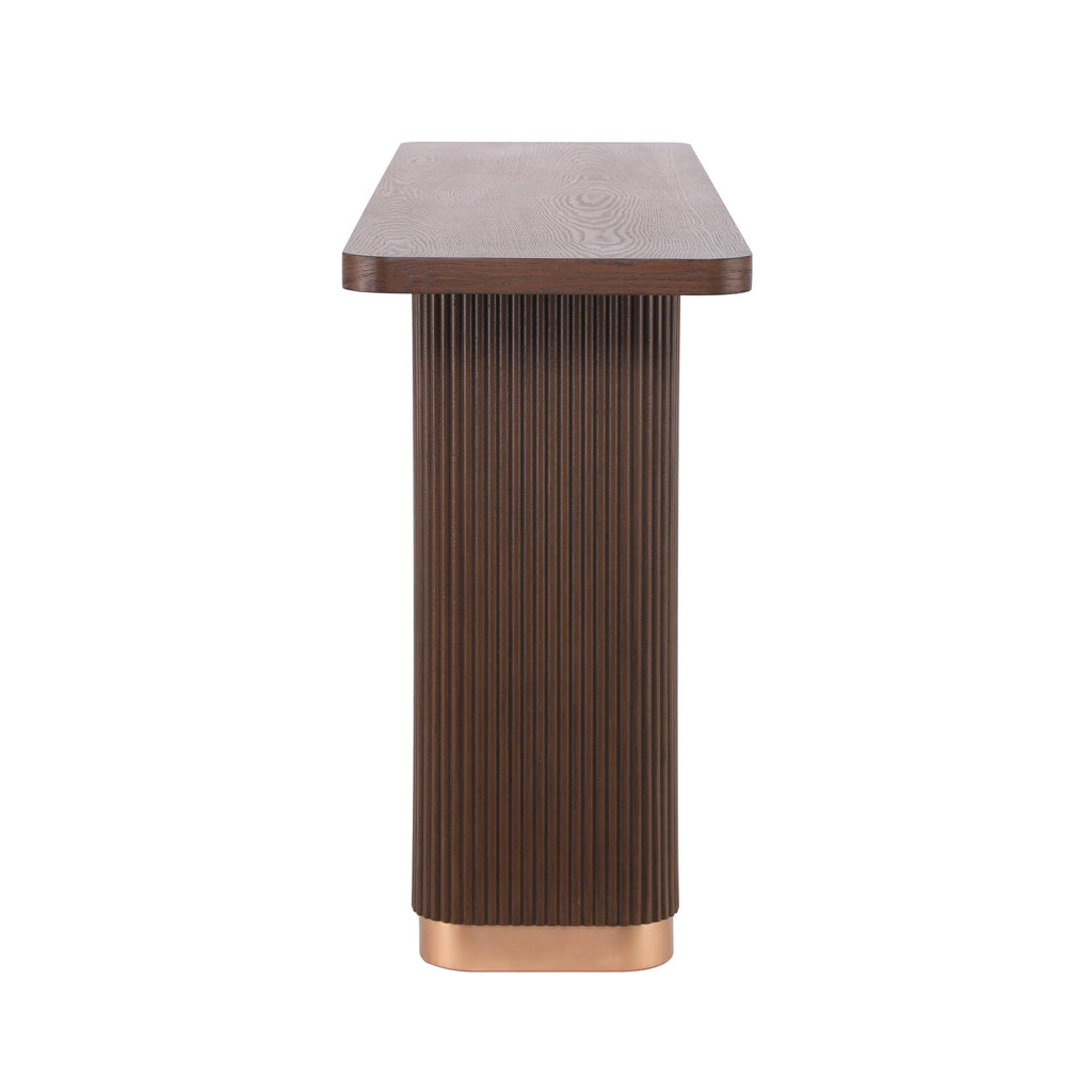 Modern Console Table with Ash Veneer Top and Metal Accent.