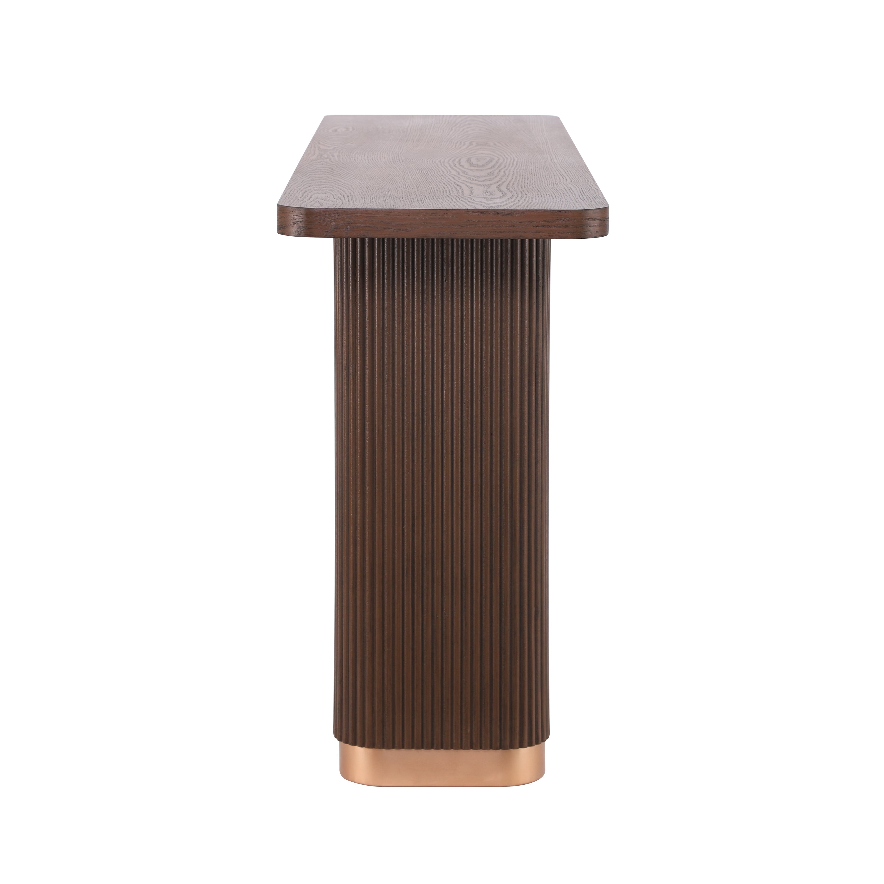Side profile of modern console table showing slim depth and ribbed wood texture. Ash veneer top with rounded edges enhances elegance.