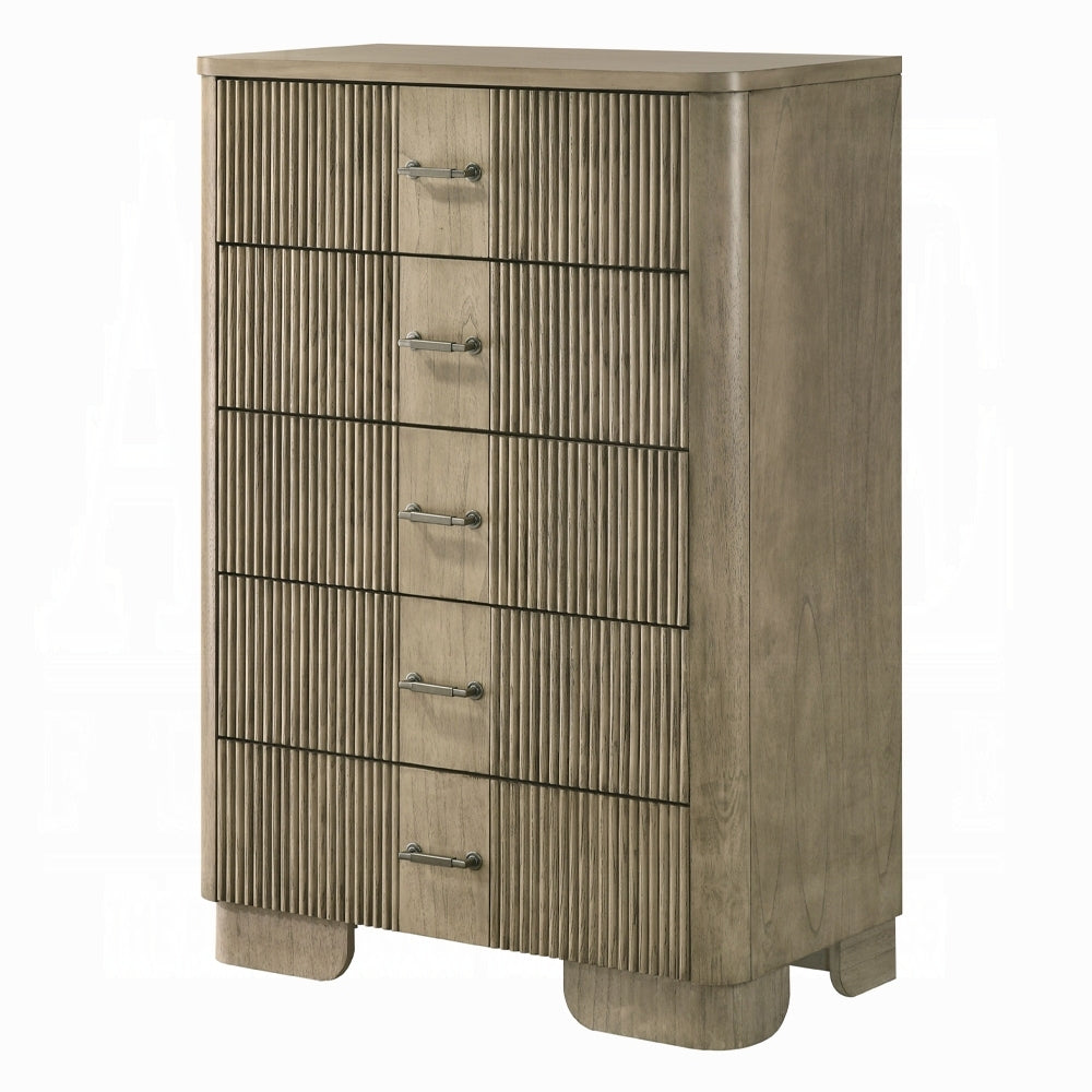 Angled view of Oak Chest with 5 Drawers - Bedroom Storage, highlighting curved edges and vertical slat design in antique oak.