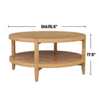 Round Wooden Coffee Table with Bottom Shelf, Maple Brown, shown with dimensions 35.5 inches diameter and 17.5 inches height.