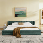 Front view of king size upholstered bed in green chenille fabric, showcasing plush headboard and minimalist bedroom decor.