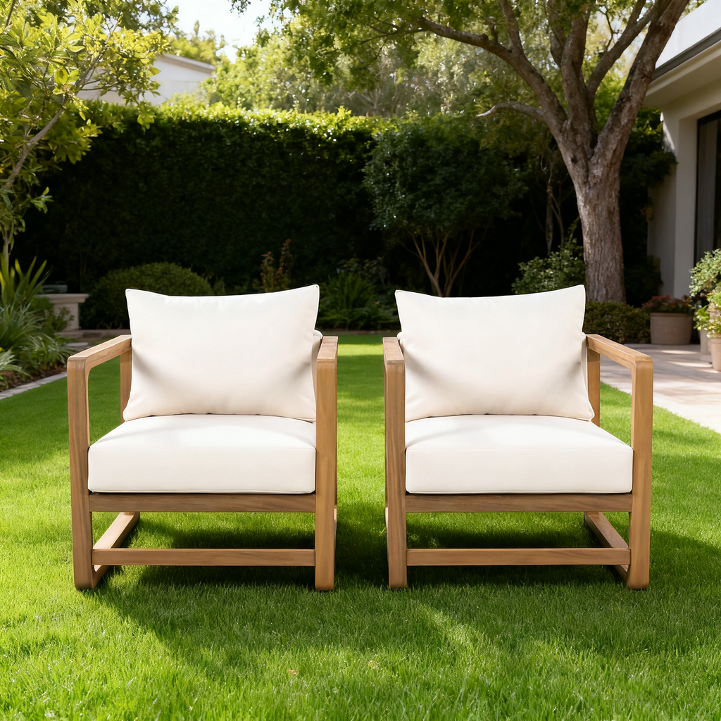 Outdoor Acacia Wood Lounge Chair with Oversized Cushion Set.