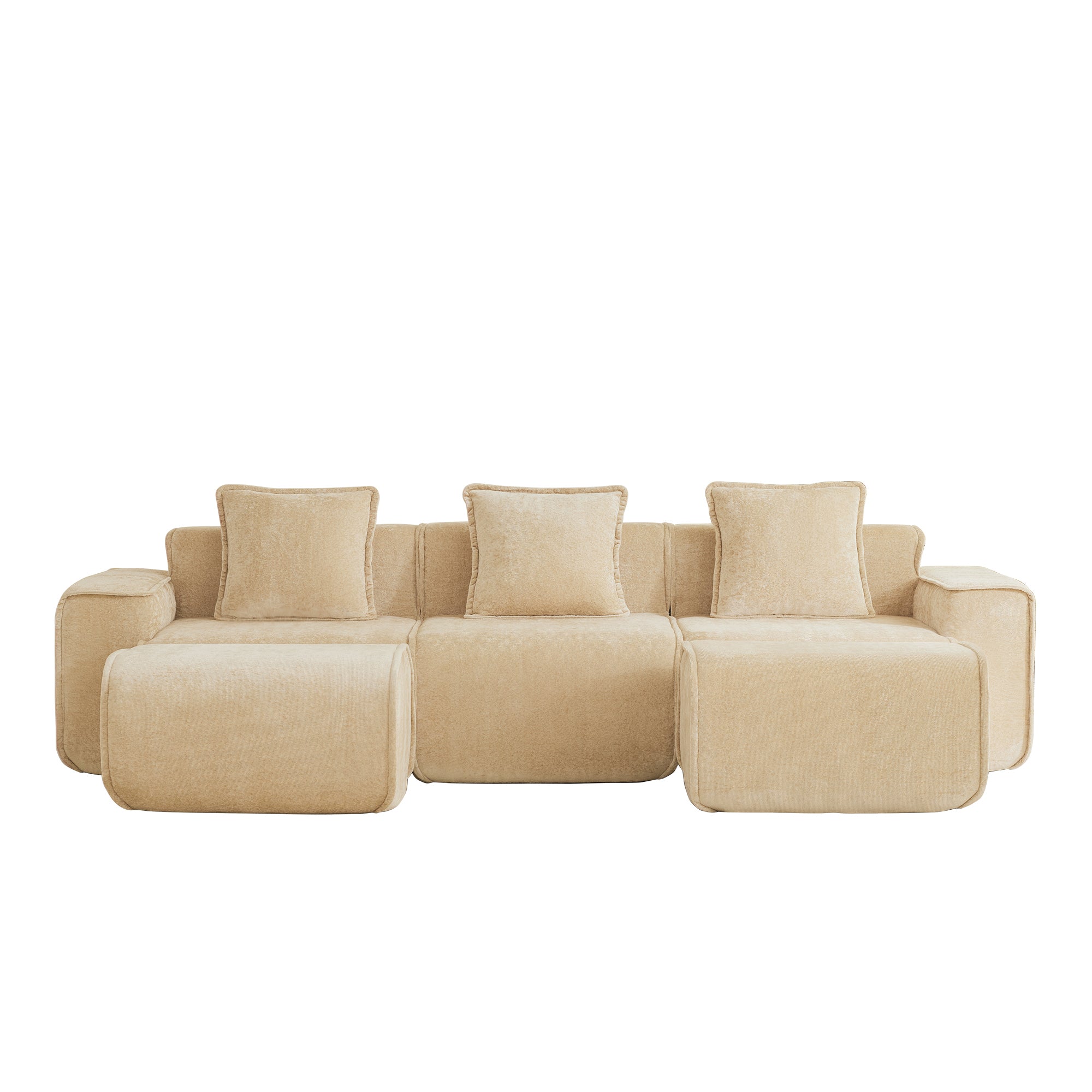 Front view of 3-seat Modular Velvet Sectional Sofa in light camel. Plush cushions and modern silhouette for stylish comfort.