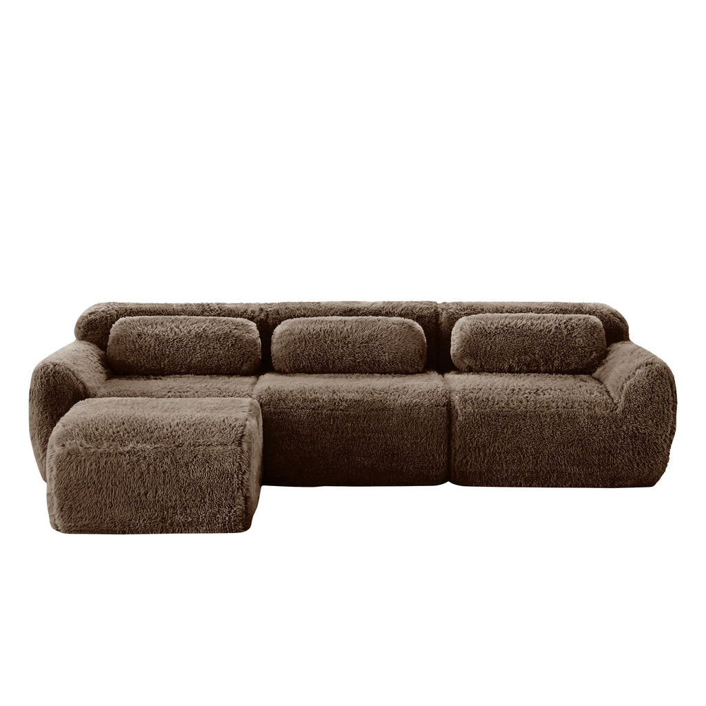 Three-seat chocolate plush modular sofa with movable ottoman, showcasing soft texture and modern design for cozy living spaces.