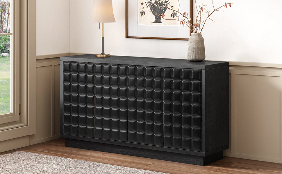 Angled view of black 4-Door Storage Cabinet with 3D geometric doors and metal trim, perfect for stylish storage solutions.